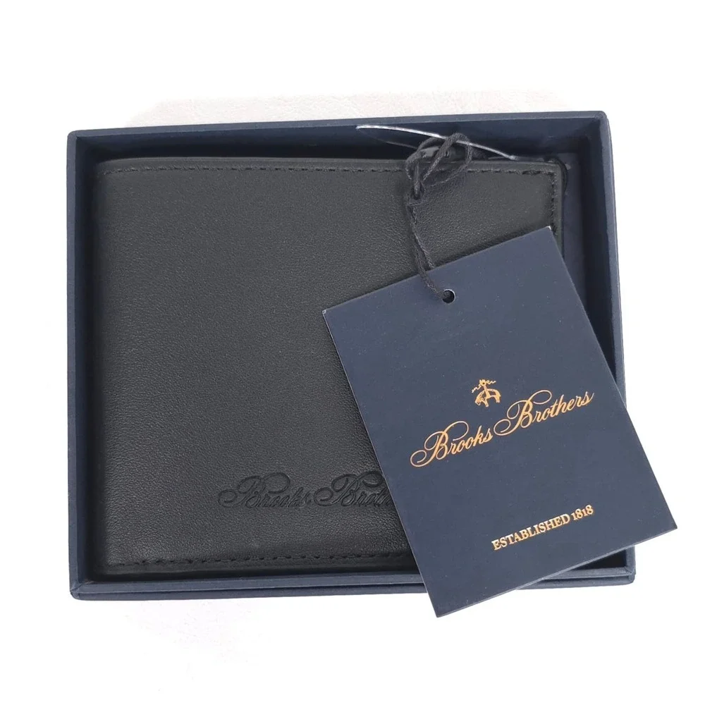BROOKS BROTHERS Mens New Wallet Black Leather Bifold Card Slots Logo Gift Box